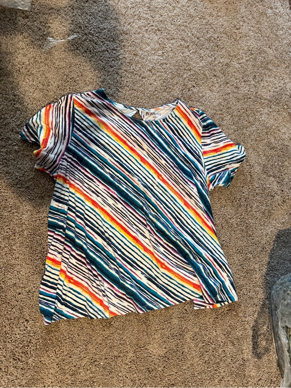 Roaman's Teal Navy Orange Yellow Striped Short Sleeve Top